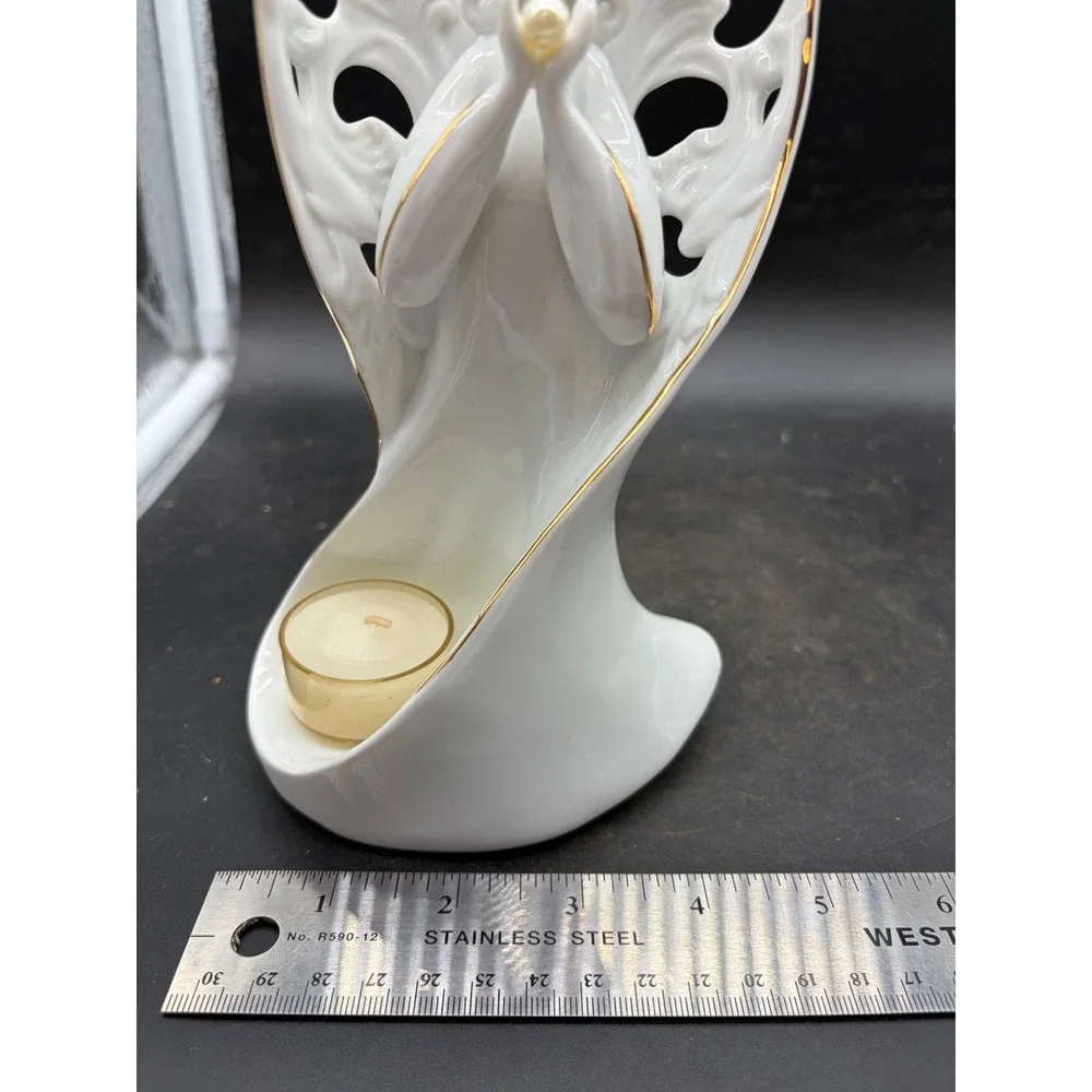 Fine Porcelain Praying Angel Tea Light Candle Holder White Gold Trim 7.5 Inch